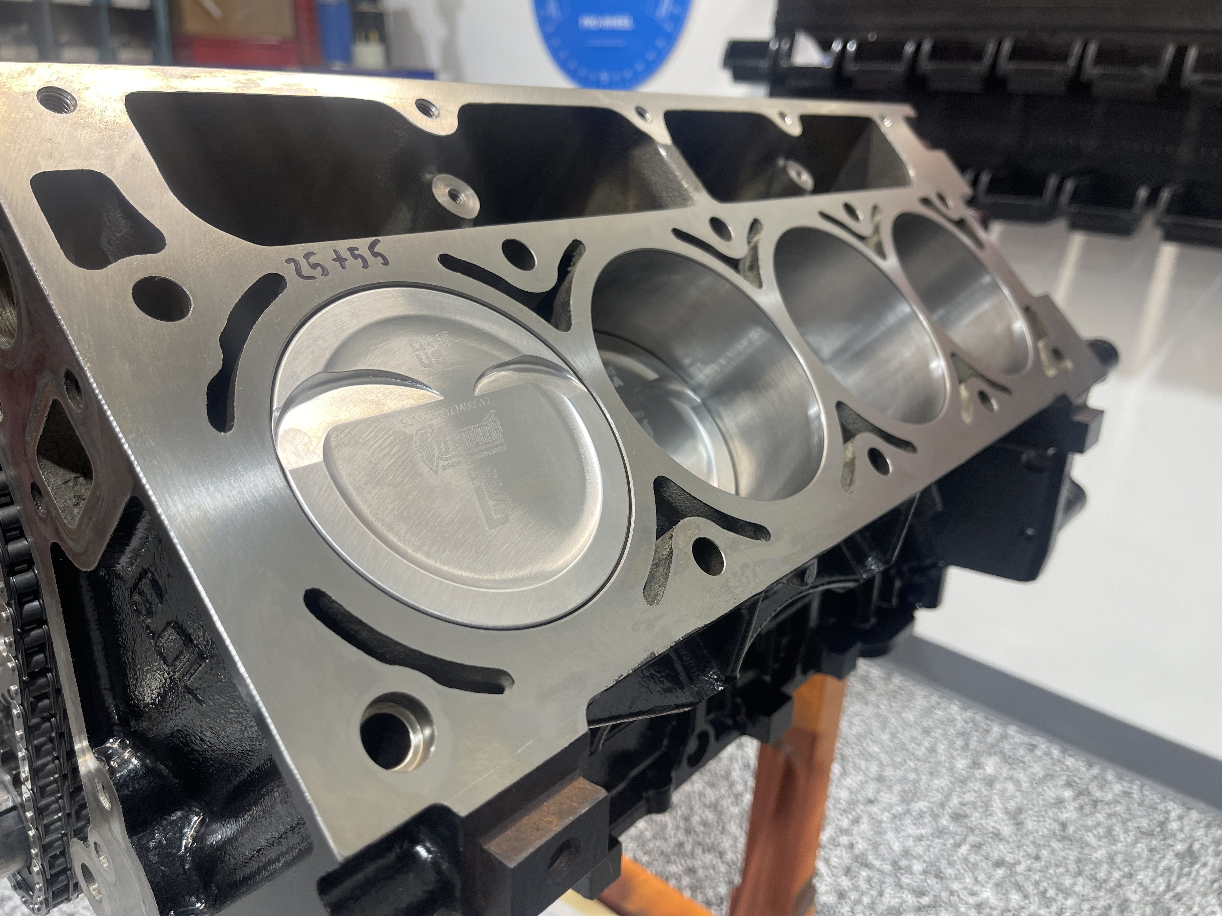 Engine short block assembly in progress