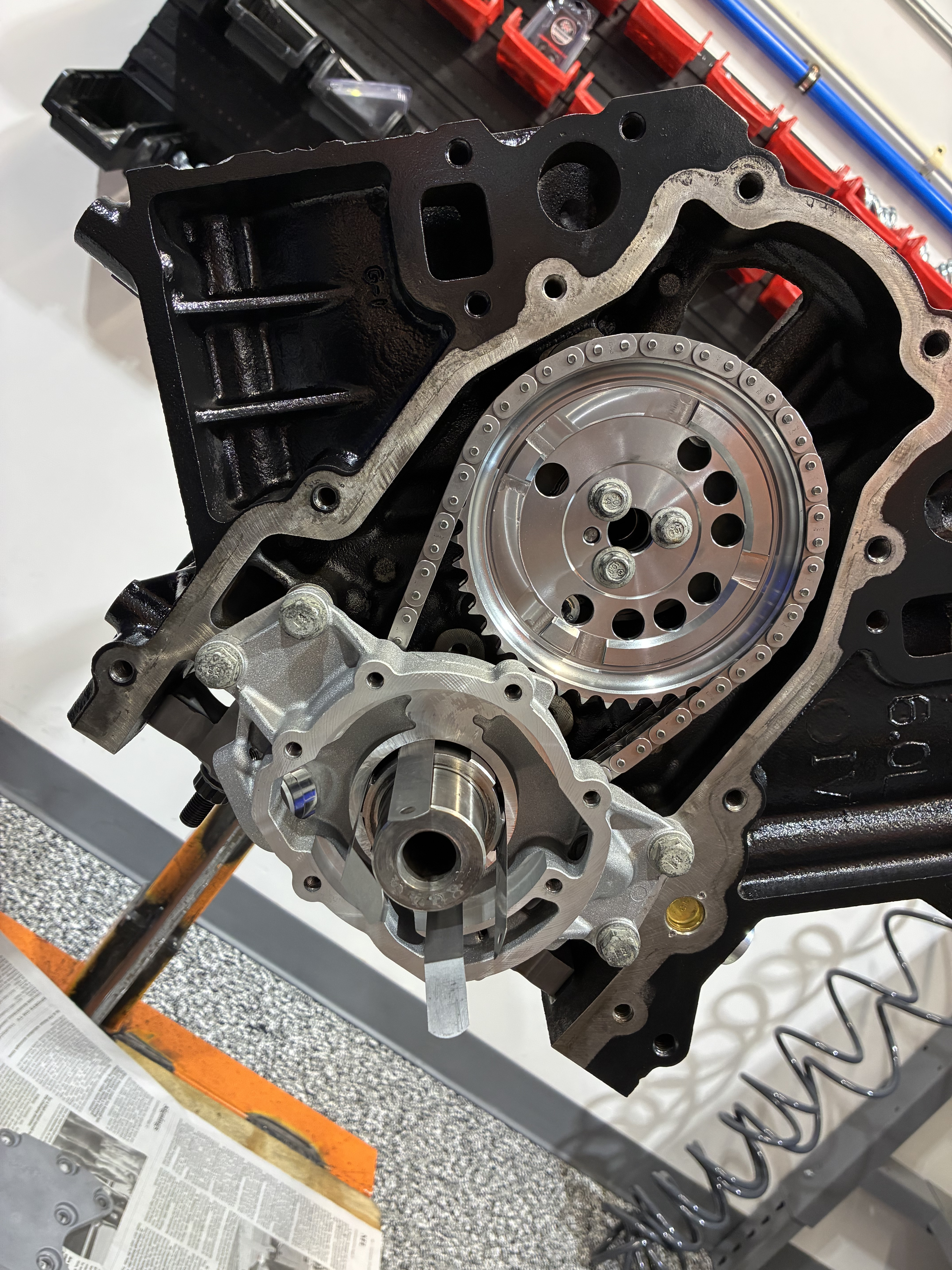 Big block Chevy 496 engine block on machining stand